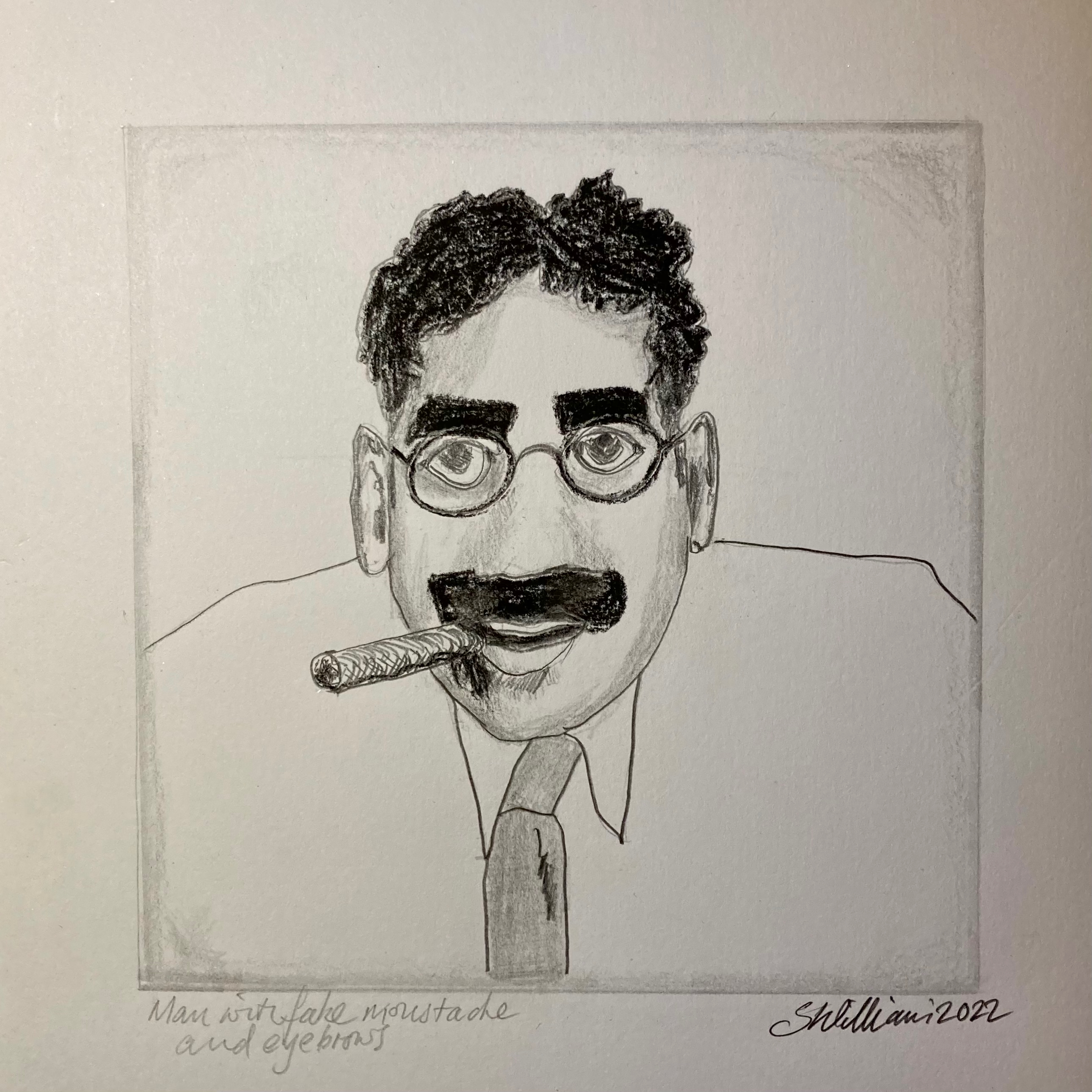 Man with fake moustache and eyebrows (pencil and charcoal, 20220322) Stephen J. Williams