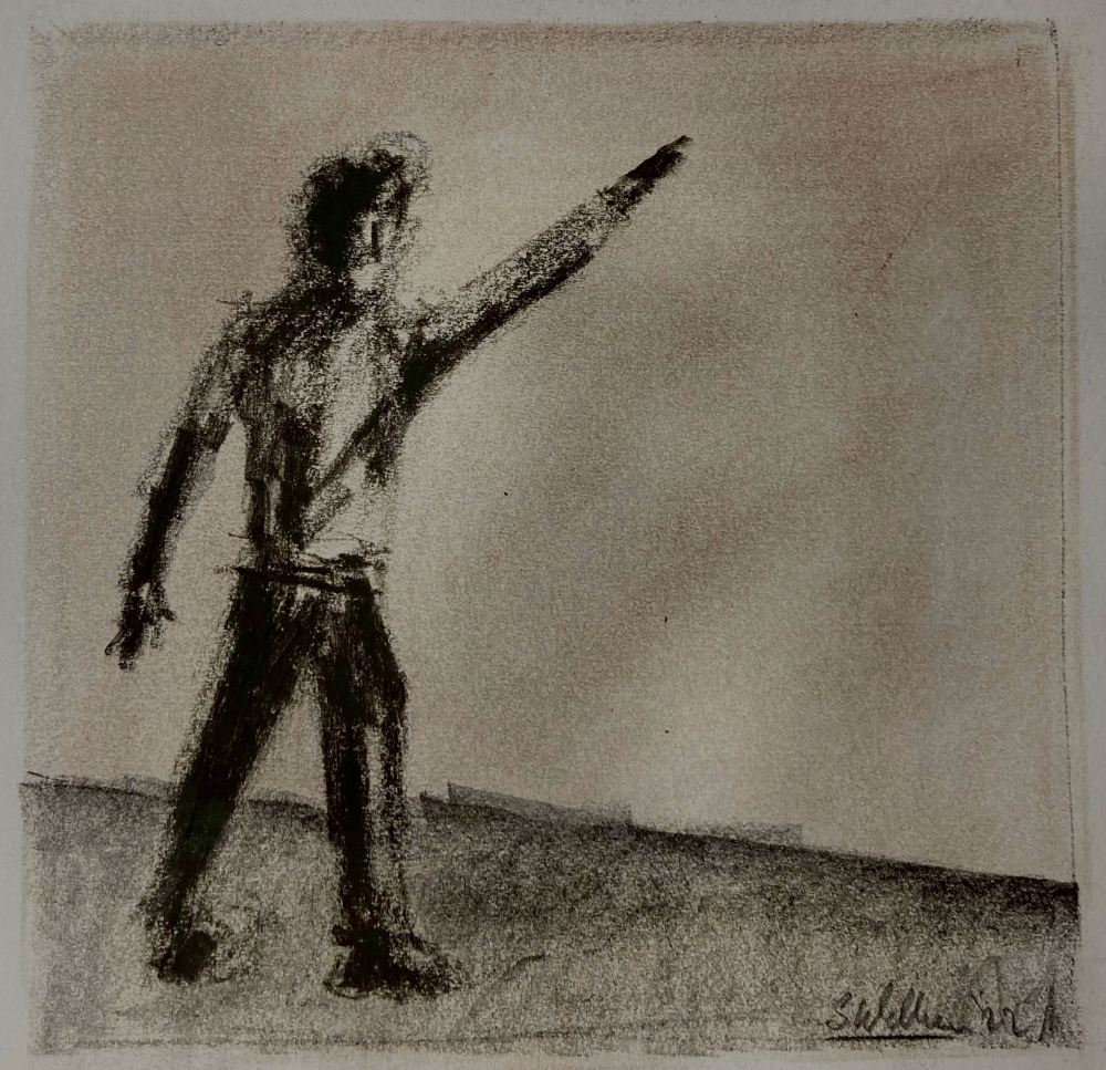 Shouting and pointing III (charcoal and chalk, 20220802) Stephen J. Williams